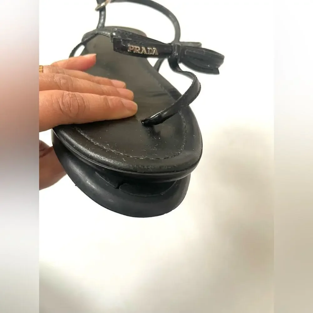 Prada Black Patent leather bow tie logo embellished T strap flat sandals EU 39.5 - Picture 9 of 13